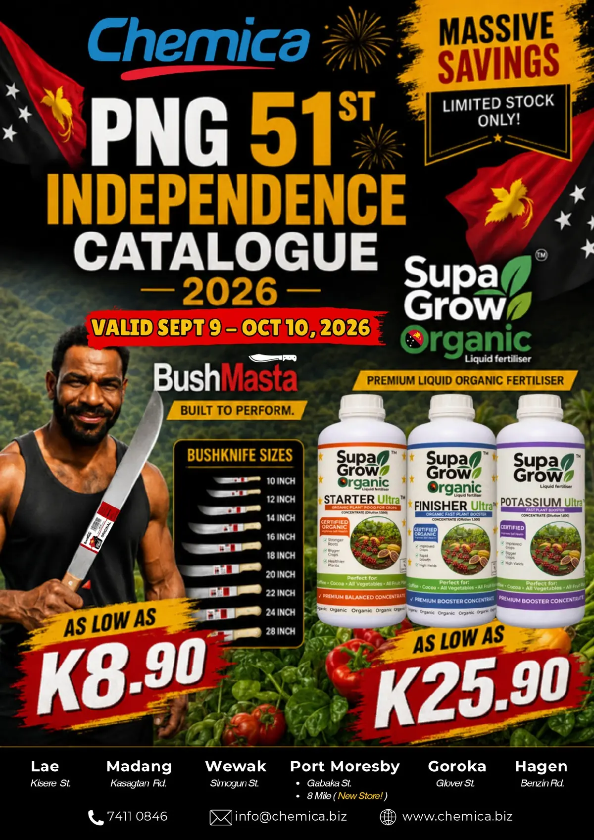 Page 1: Chemica PNG 51st Independence Catalogue cover featuring BushMasta bush knives and Supa Grow organic fertiliser