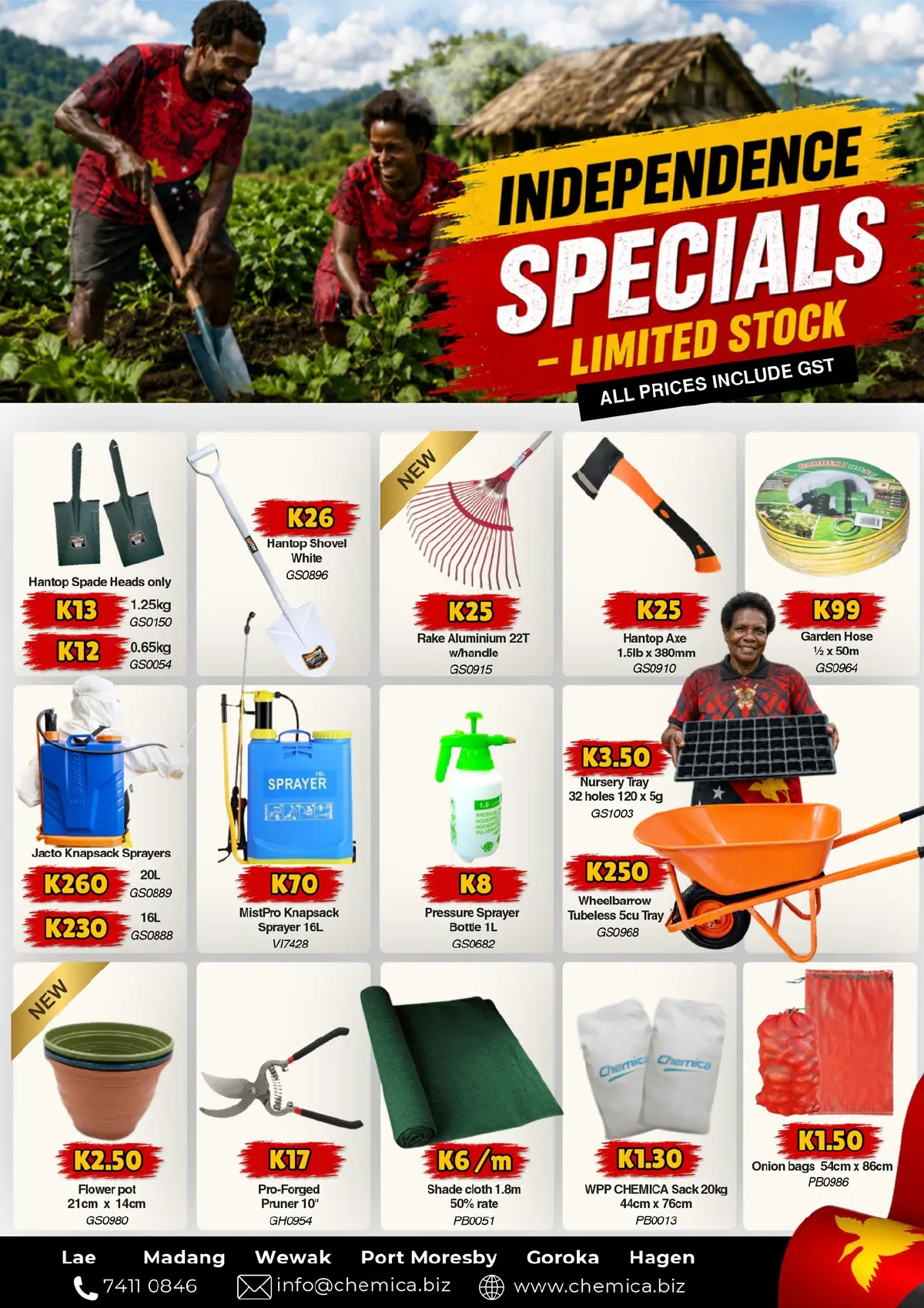Page 2: Independence specials on farming tools, sprayers, garden supplies and equipment