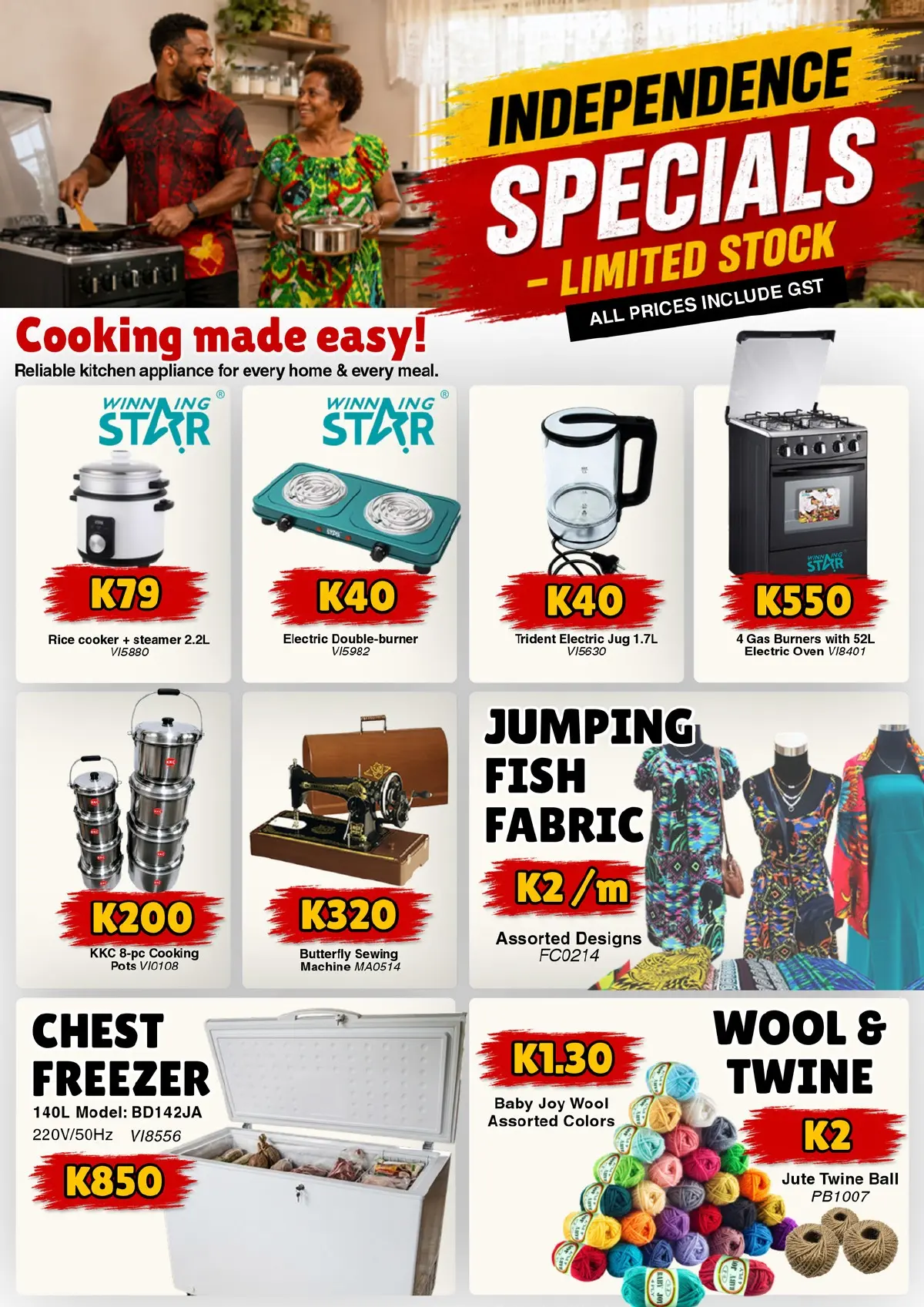 Page 7: Independence specials on kitchen appliances, cooking equipment, chest freezers and sewing supplies