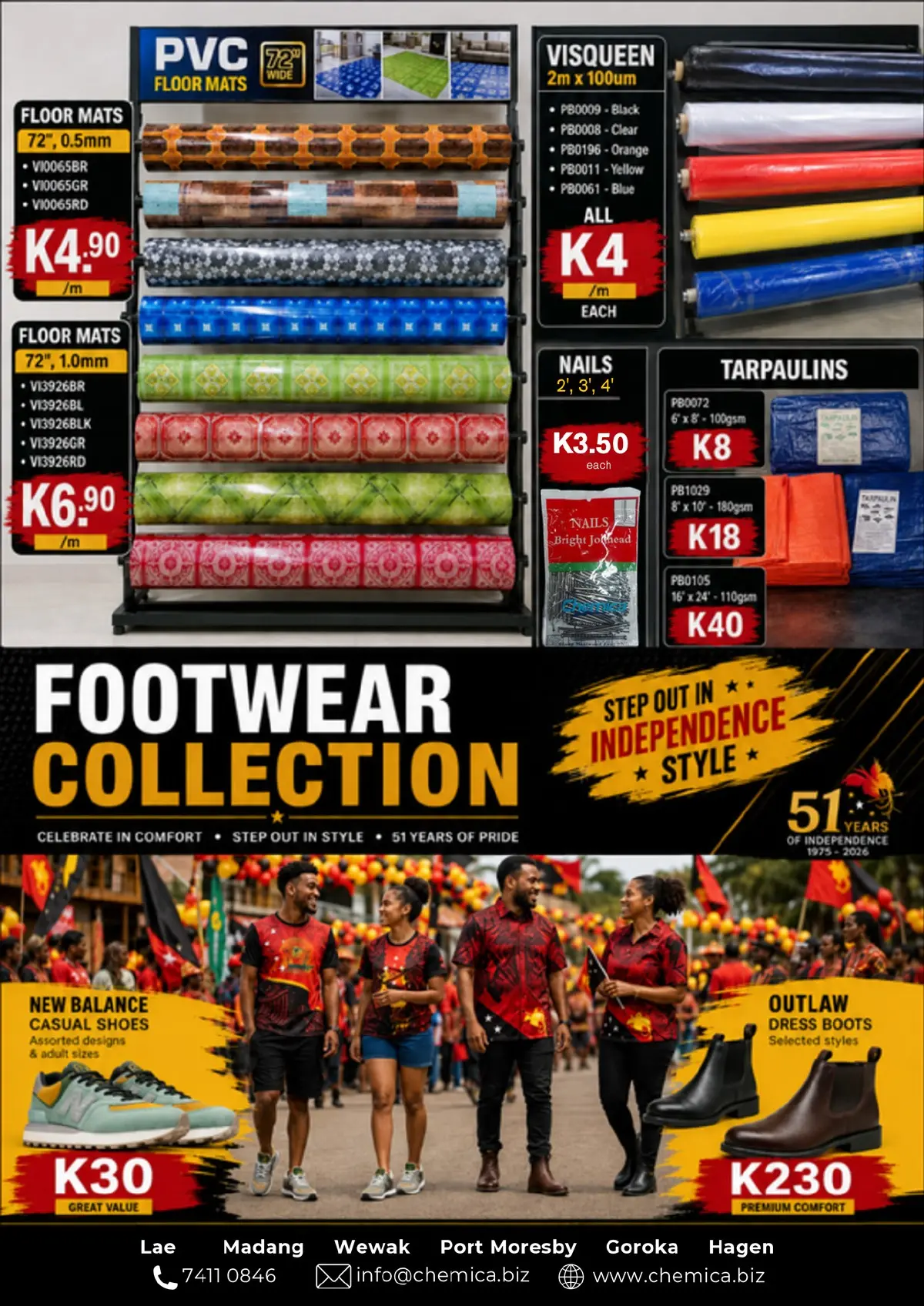 Page 8: Independence specials on floor mats, visqueen, nails, tarpaulins and footwear