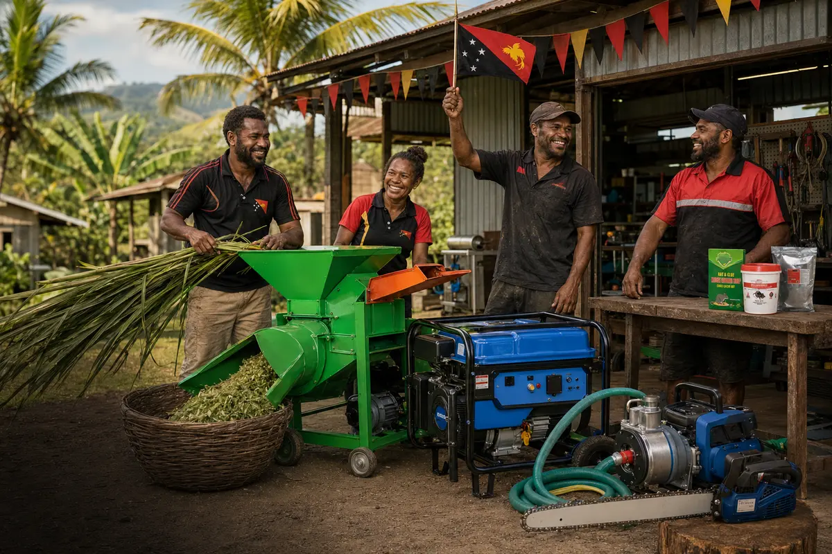 Papua New Guinean farmers celebrating Independence beside agricultural machinery, a generator and water pump