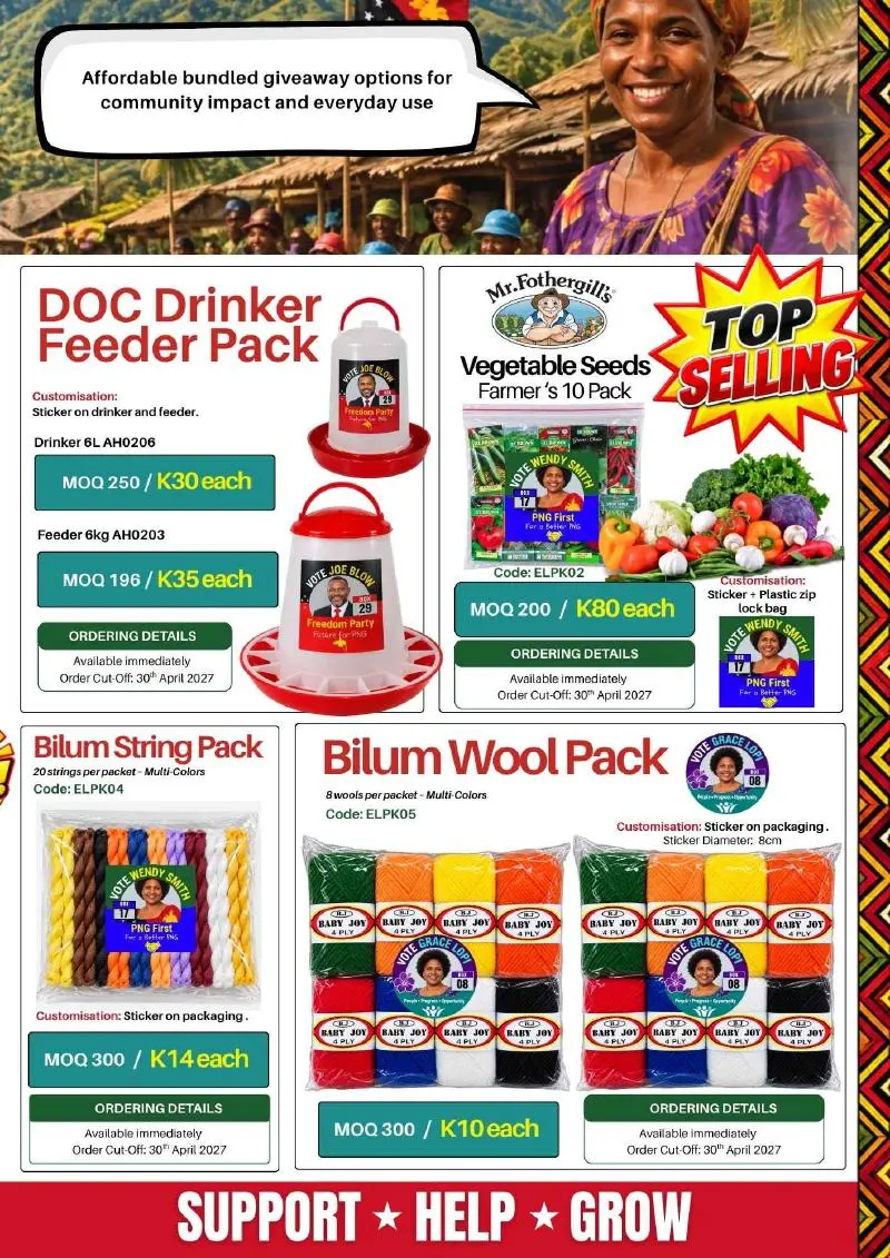Page 5: Community giveaway packs including seeds, feed, bilum string and wool