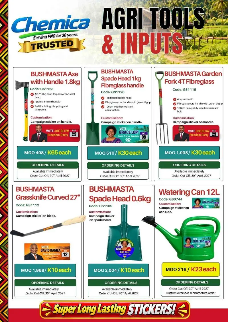 Page 8: Bush knives, garden tools and agricultural inputs