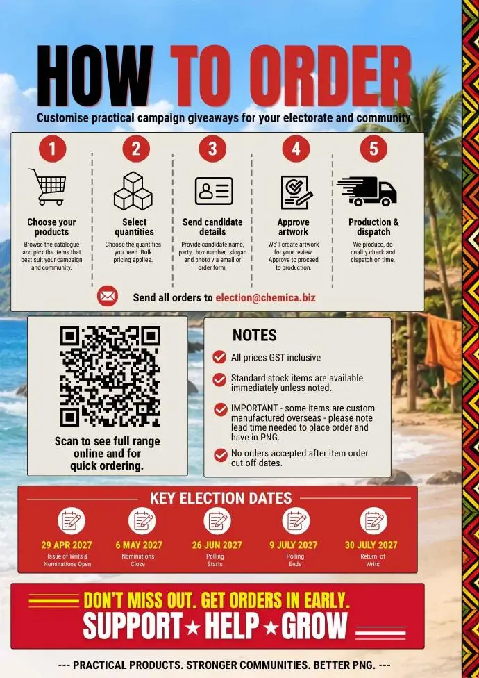 Page 14: How to order campaign products and key PNG election dates