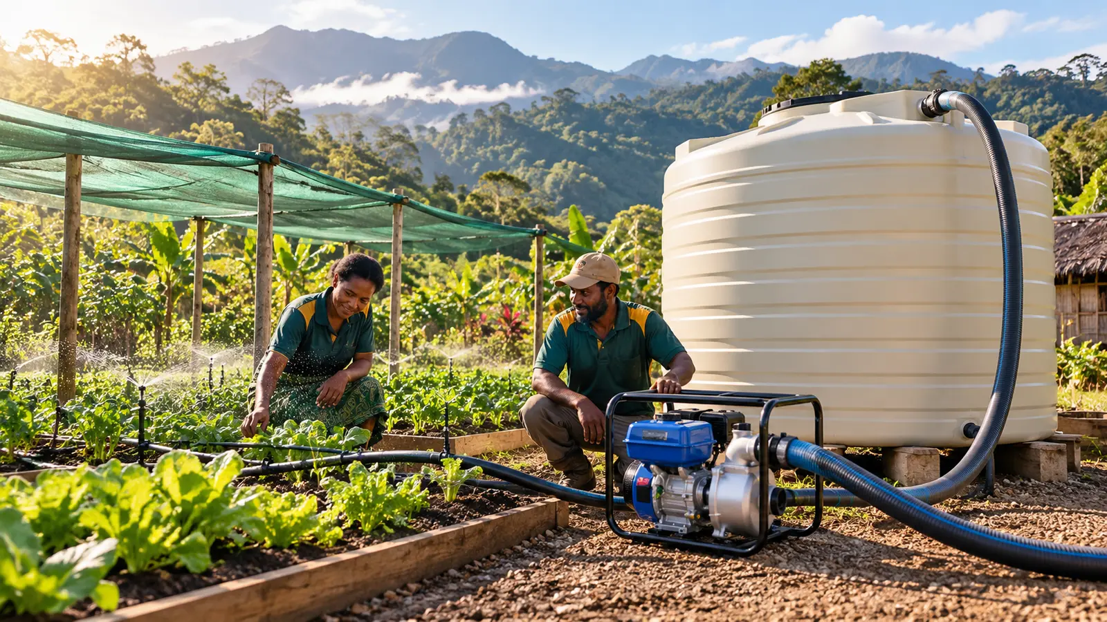 Papua New Guinea community drought preparedness with a water tank, pump, irrigation and protected food garden