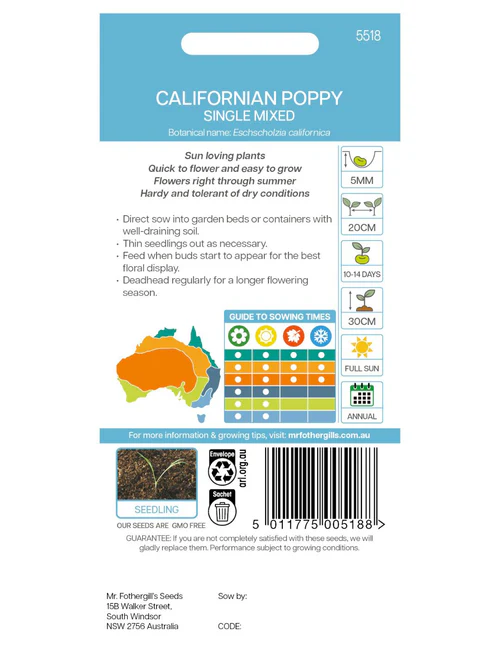 Seed Poppy Californian Sgle 0.85g MFG484