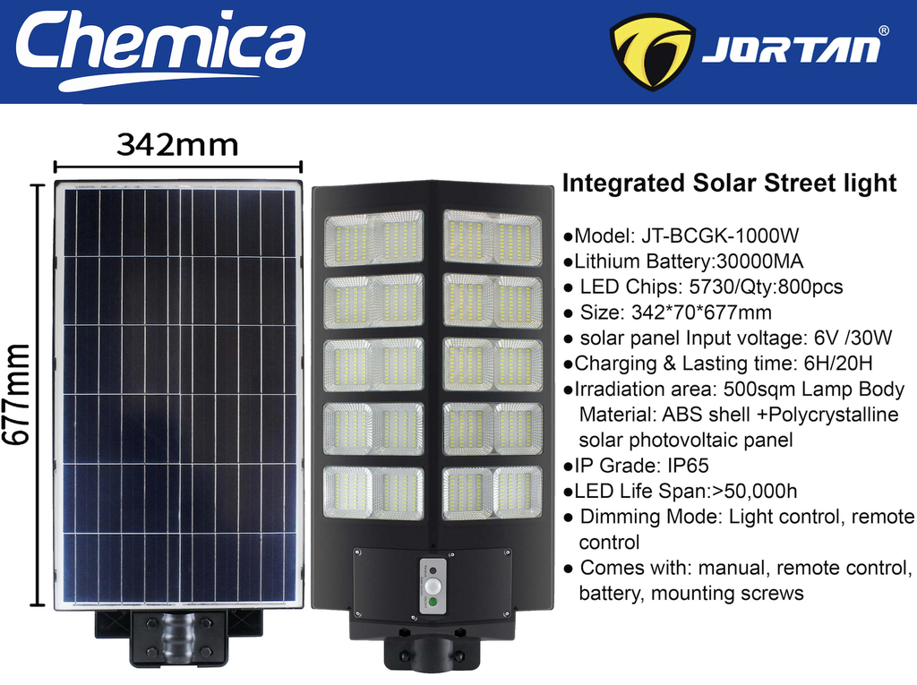 Solar Streetlight Jortan JT-BCGK 1000W Integrated Panel