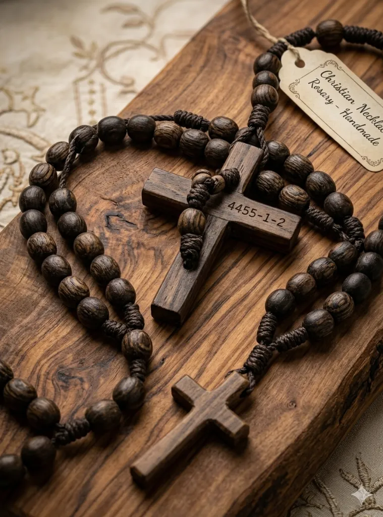 Christian Necklace Rosary Beaded Wood  4455-1-2